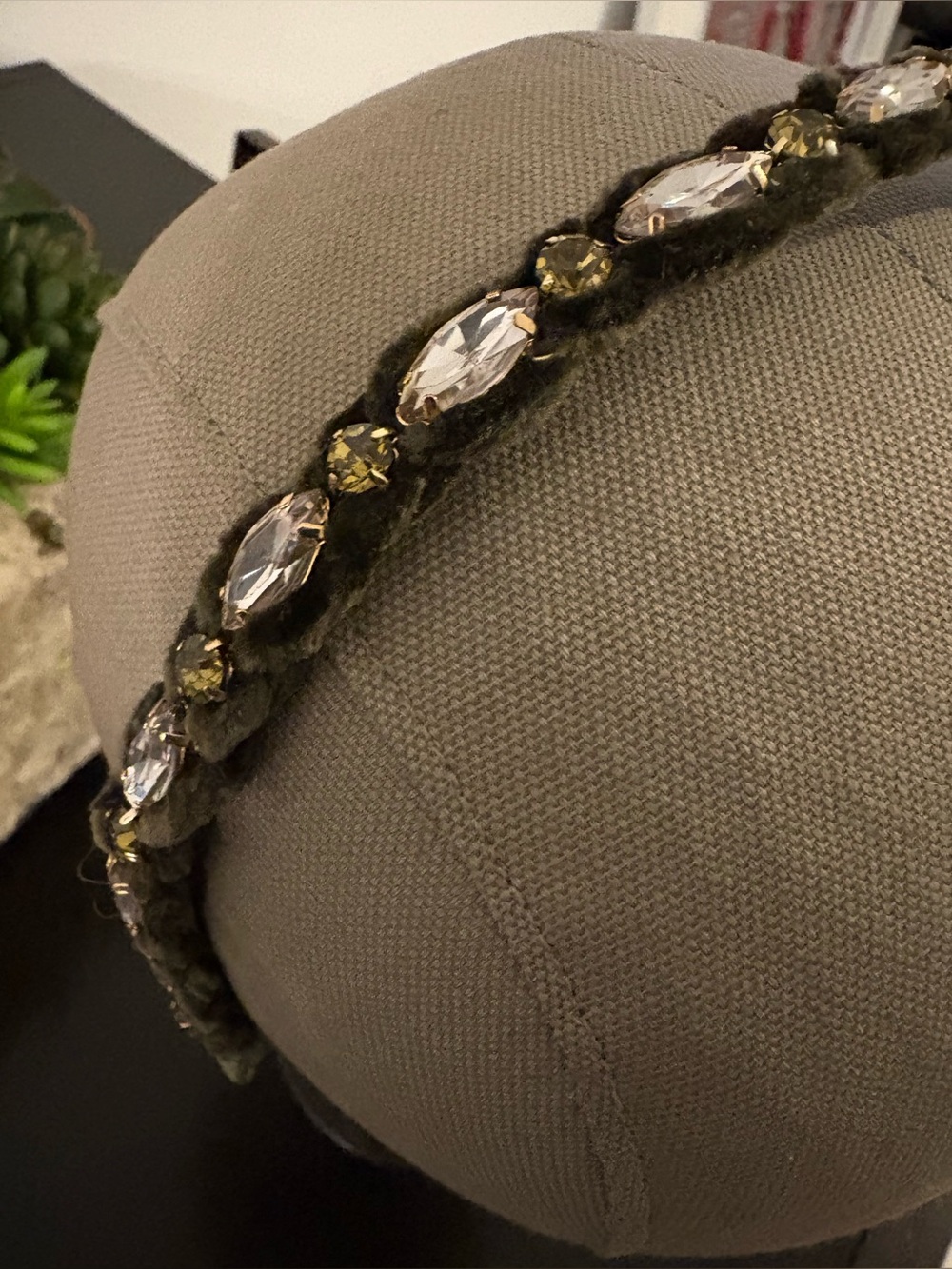 Anthropologie Olive Braided Headband with Clear and Light-Gold Crystals